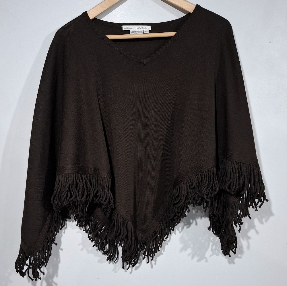 Maggy London XL Brown Wool Blend 2-Piece Knit Sweater Dress & Fringe Poncho Set - Picture 9 of 16